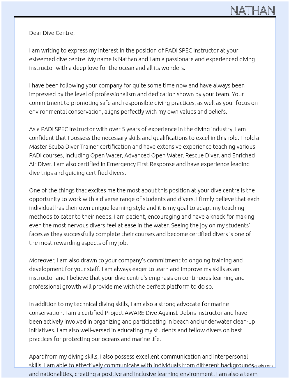 PADI SPEC Instructor At Dive Centre Cover Letter