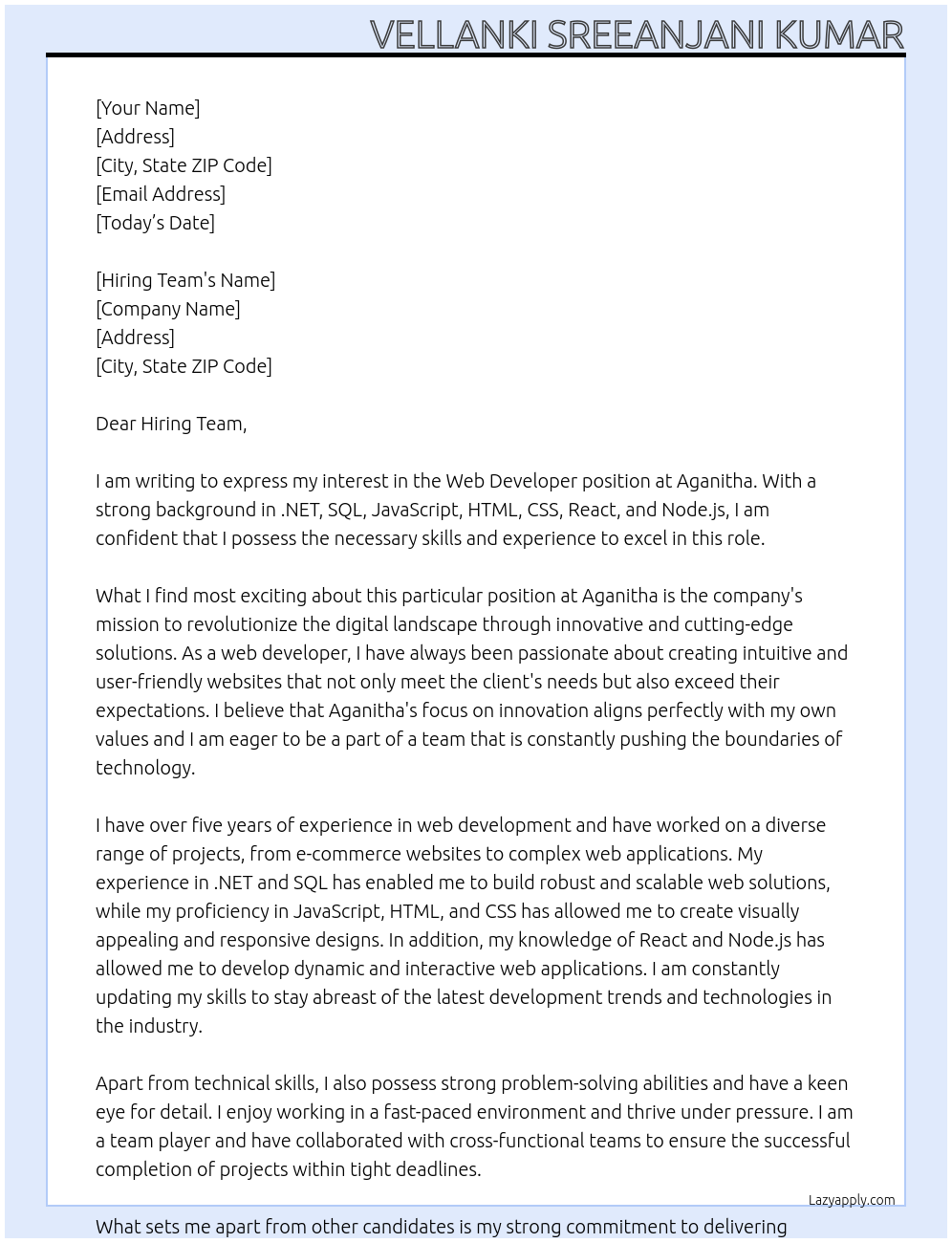 Web Developer At Aganitha Cover Letter