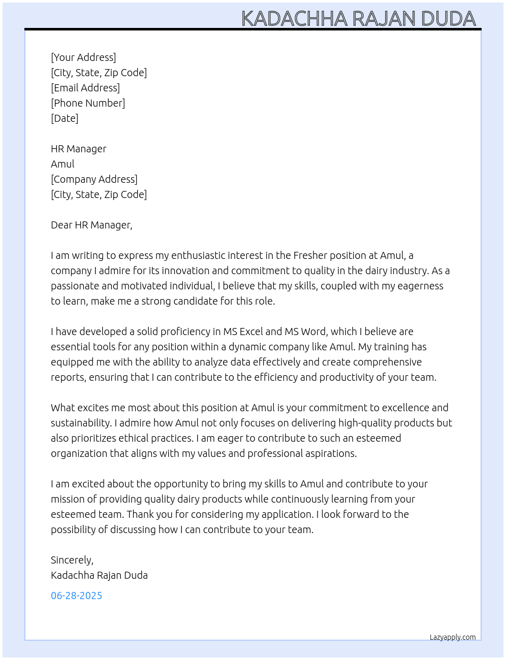 Fresher  At Amul Cover Letter