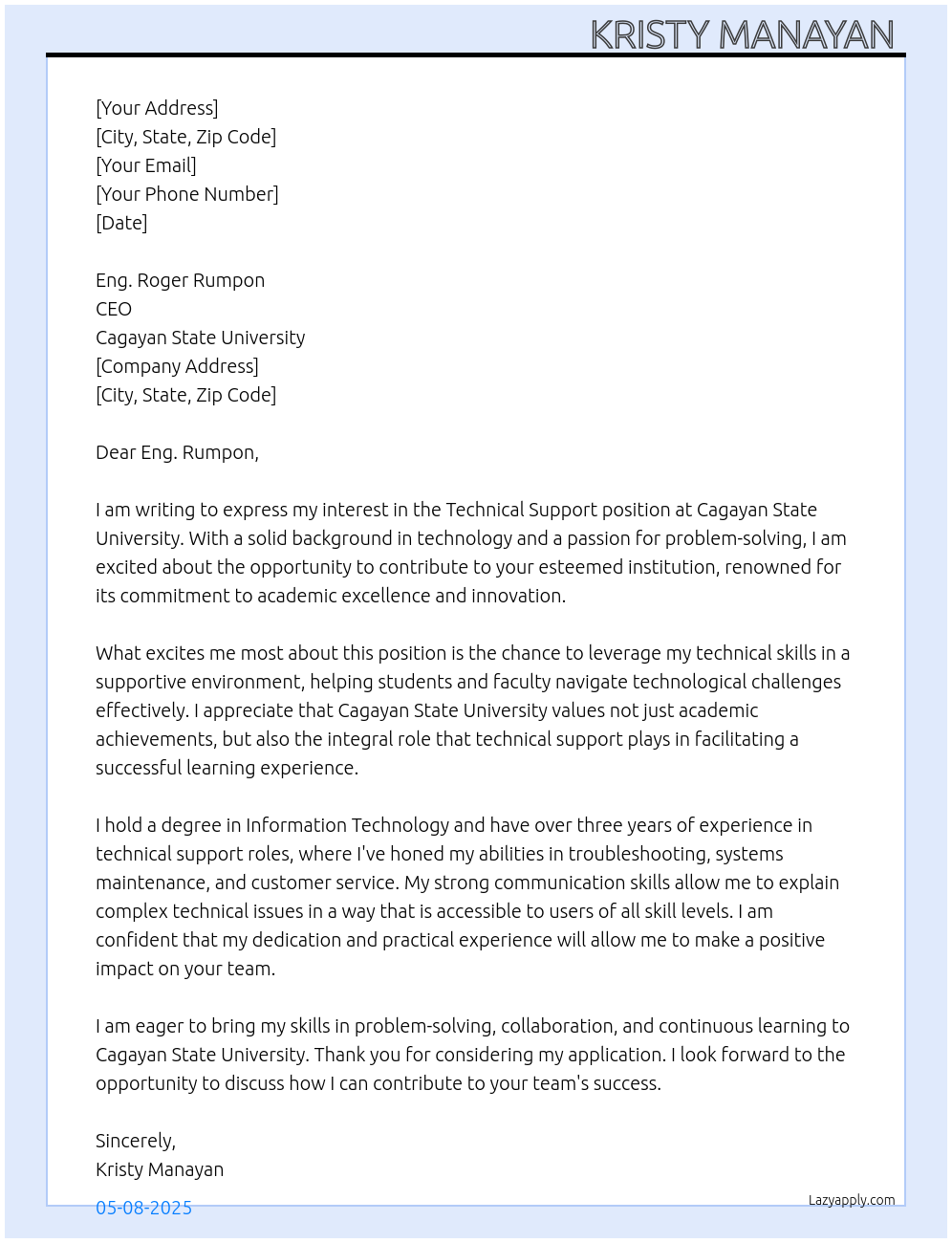 Technical support At Cagayan State University Cover Letter