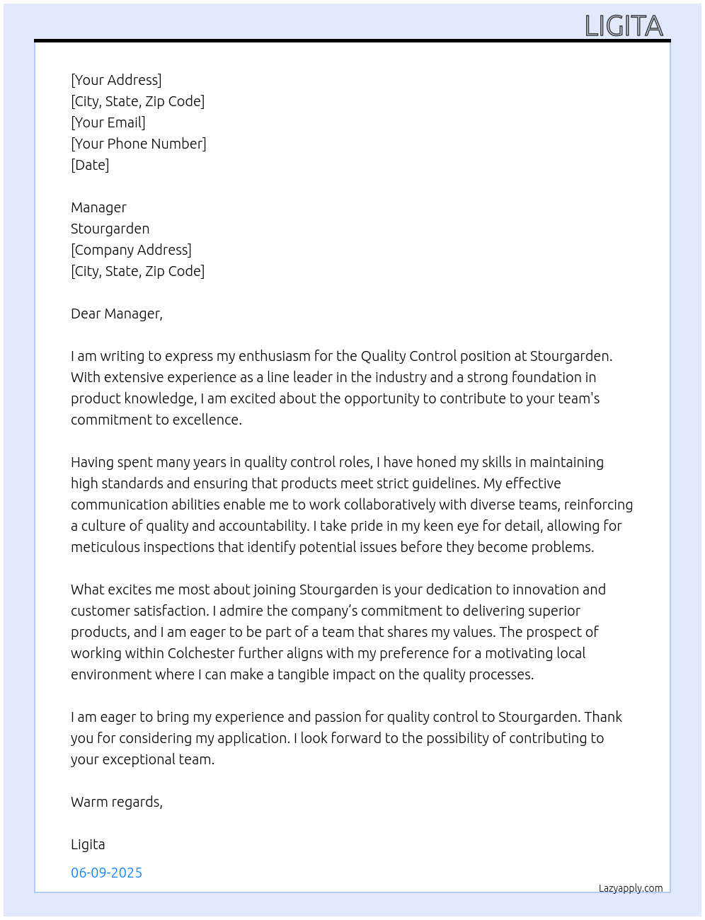 Quality control At Stourgarden Cover Letter