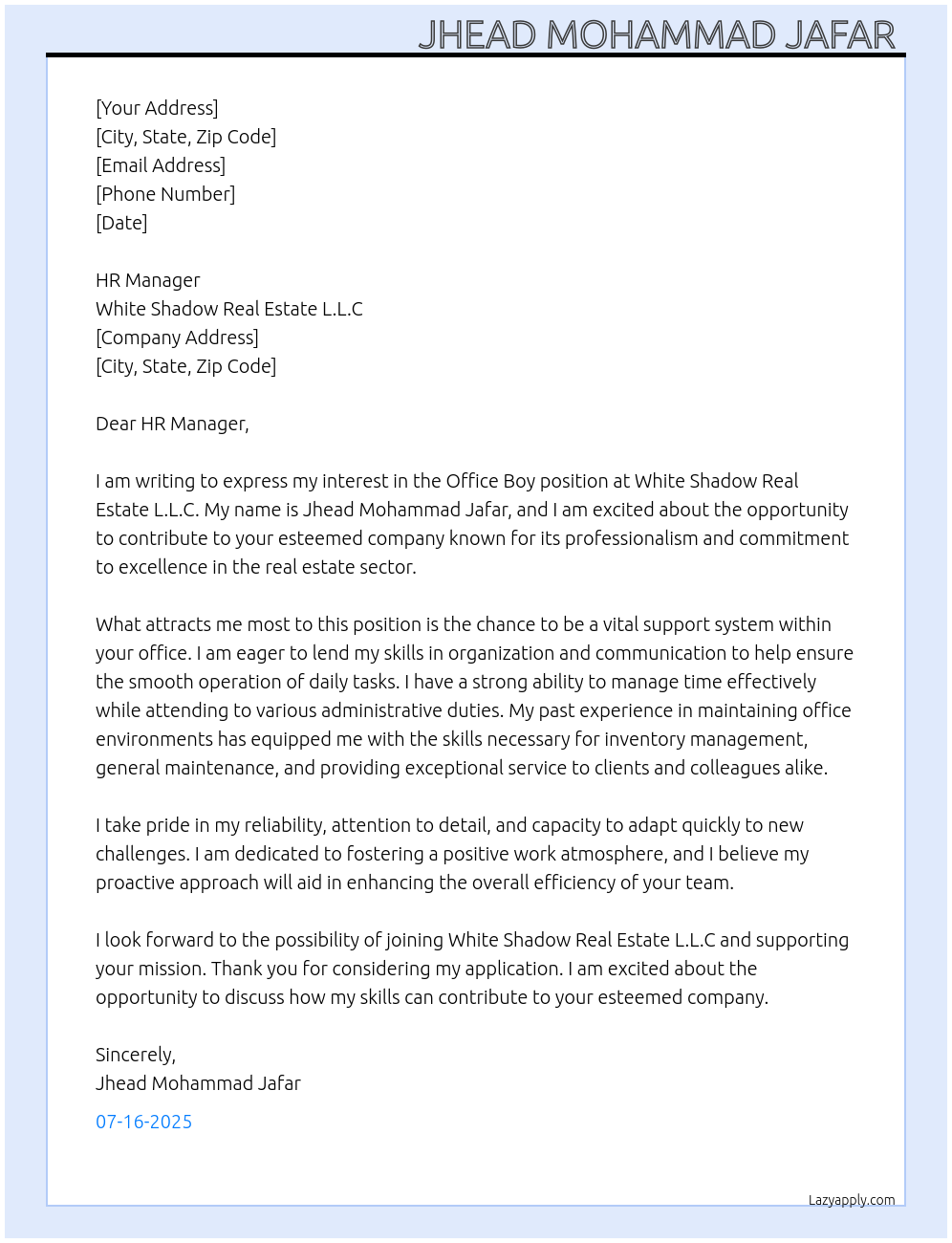 Office boy At White Shadow Real Estate L.L.C Cover Letter