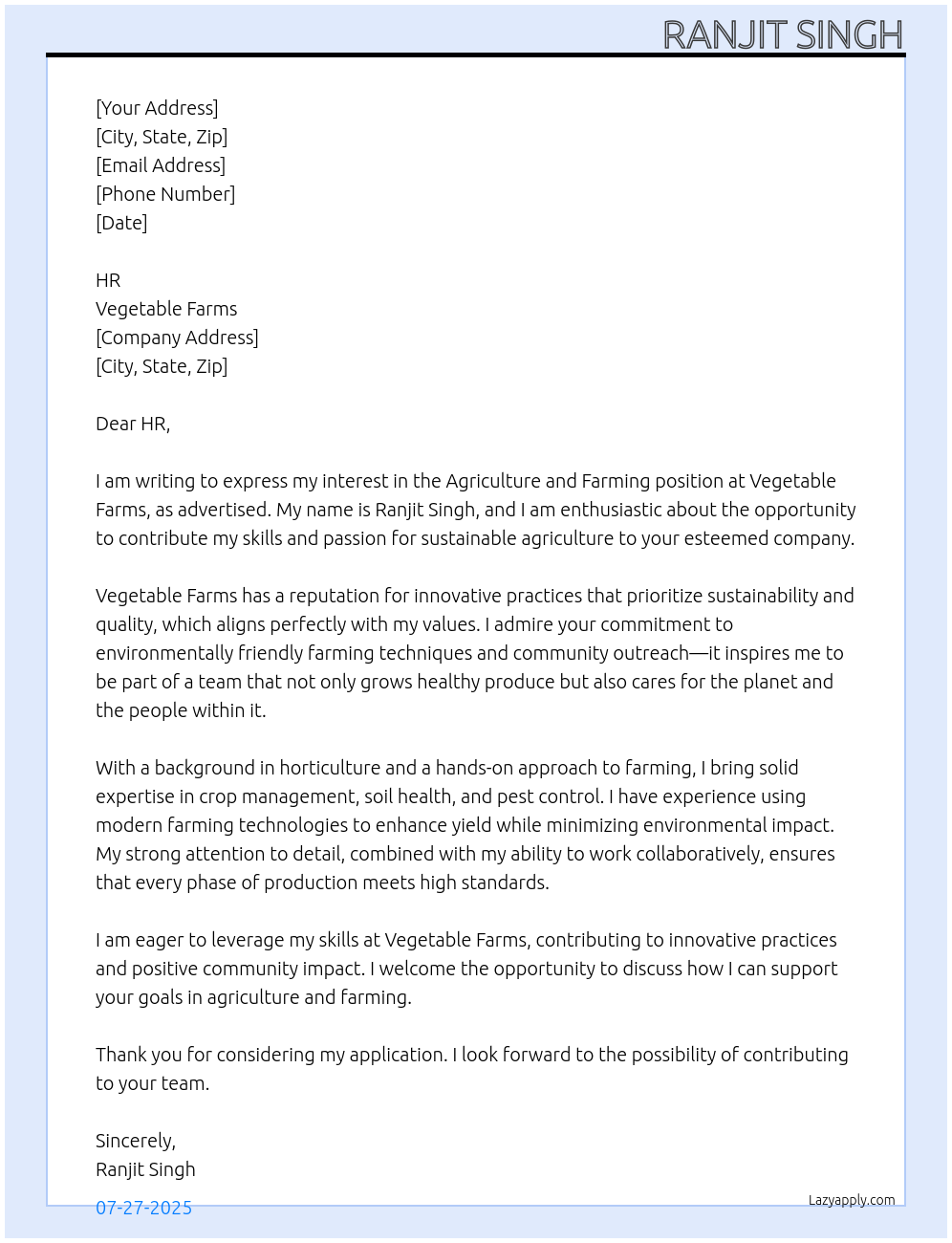 Cover letter for agriculture and farming - LazyApply