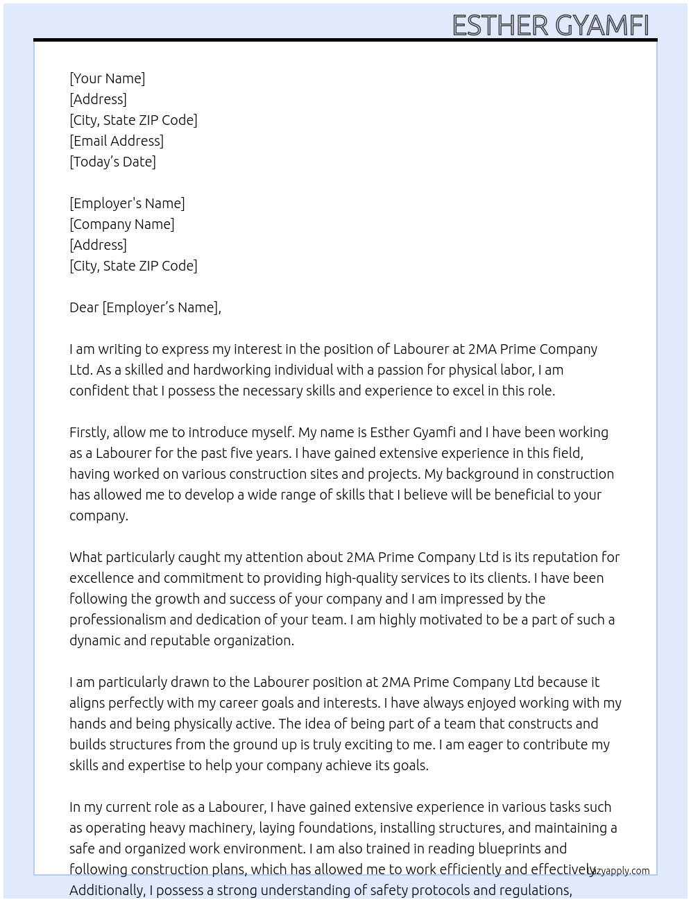 Labourer At 2MA PRIME COMPANY LTD Cover Letter