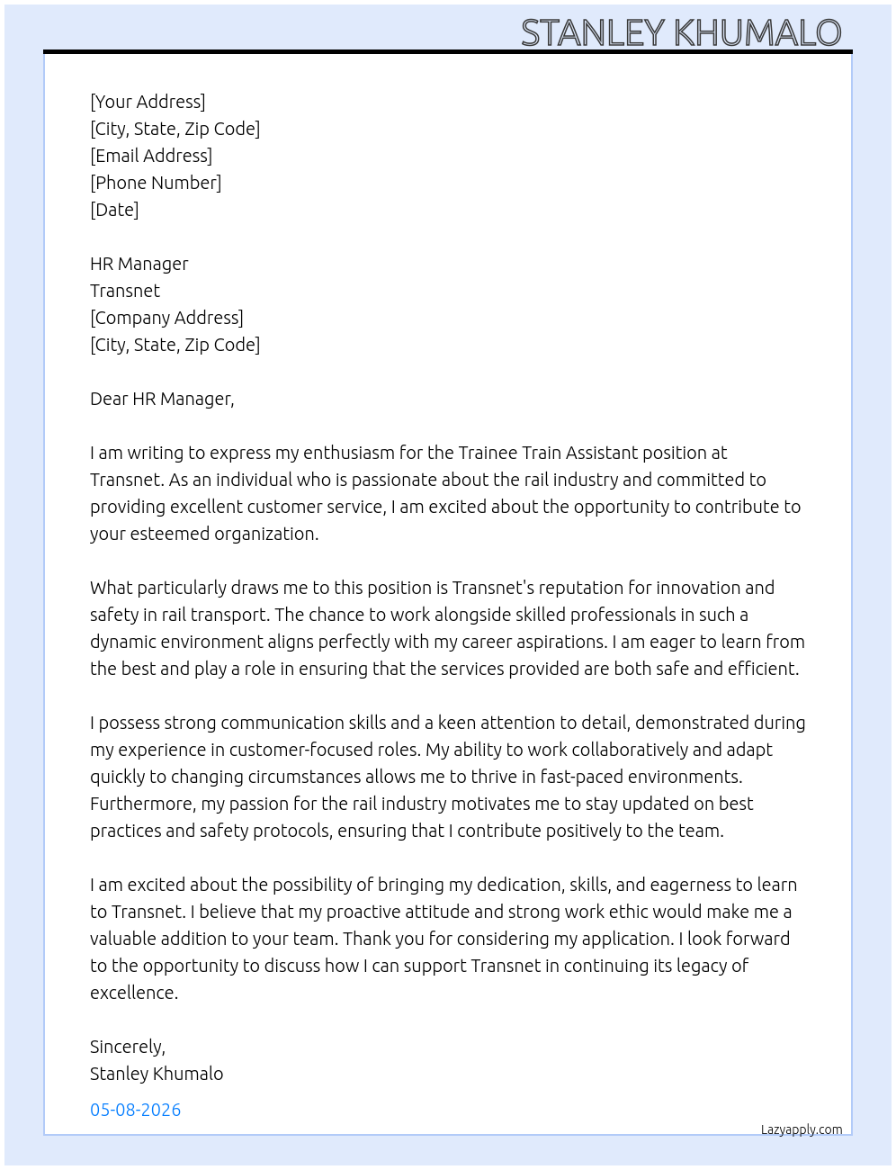 Trainee Train Assistant At Transnet  Cover Letter