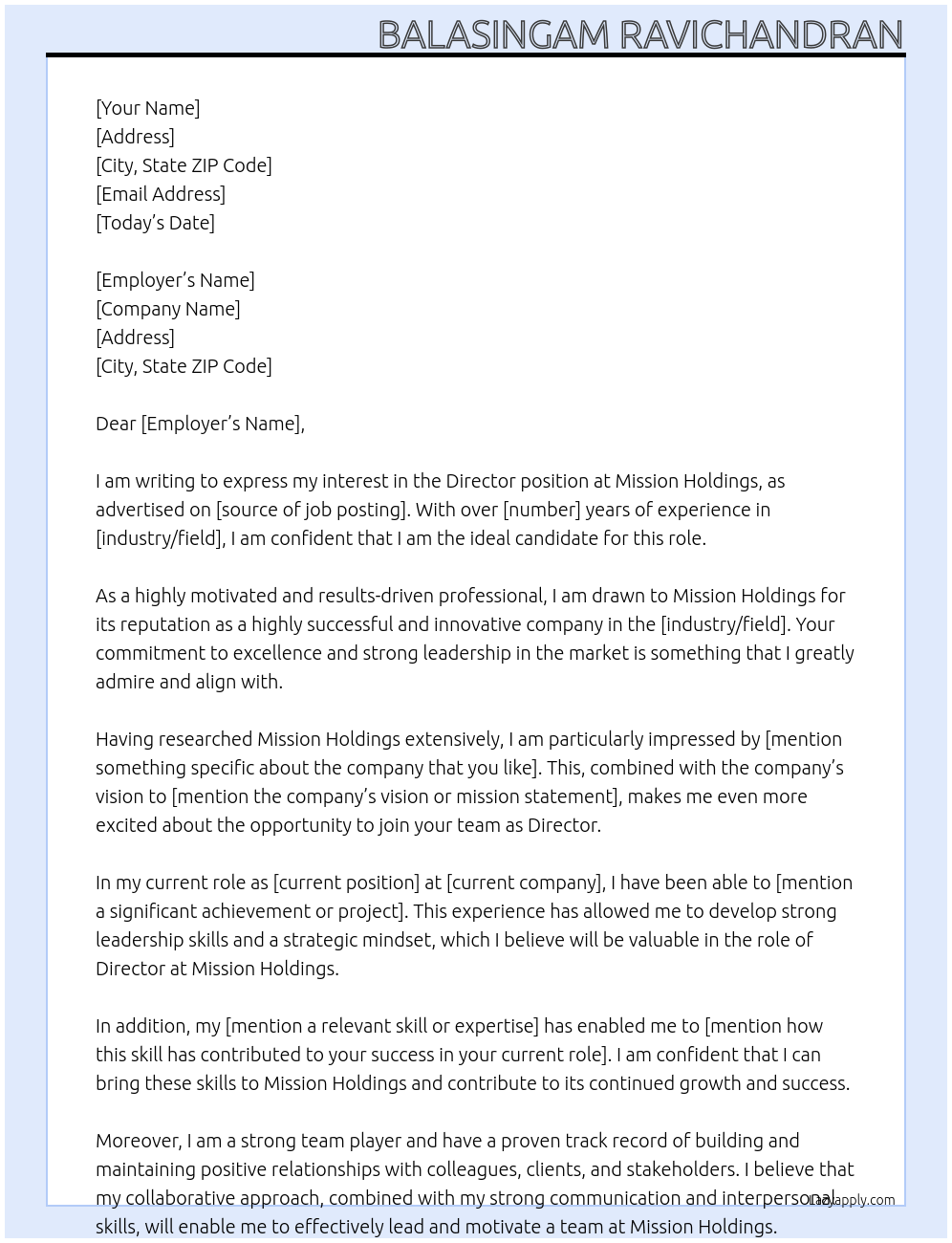 Director At Mission Holdings Cover Letter