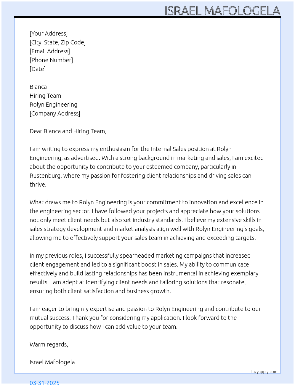 INTERNAL SALES At ROLYN ENGINEERING Cover Letter
