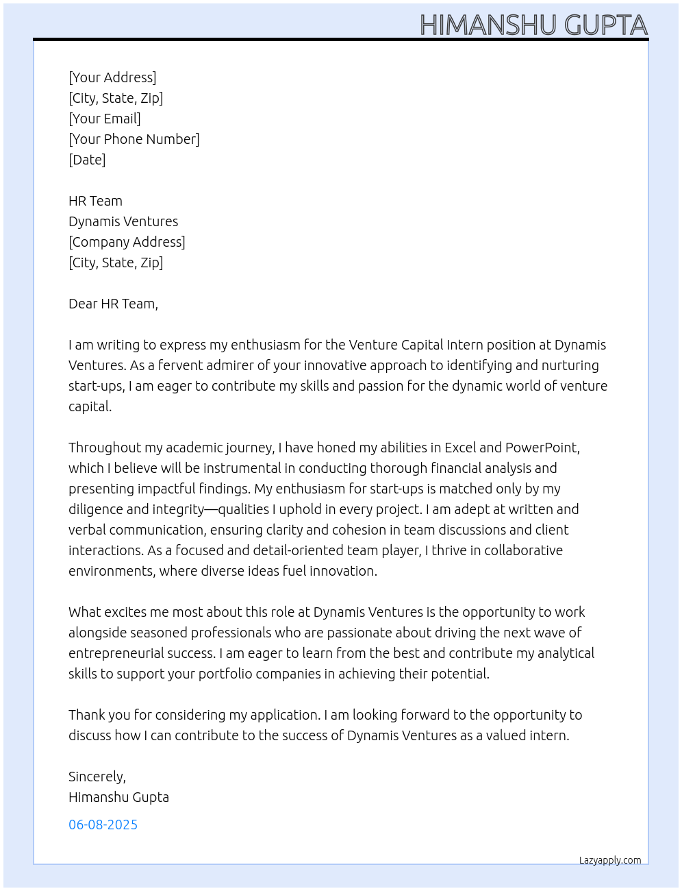 Venture Capital Intern At Dynamis Ventures Cover Letter