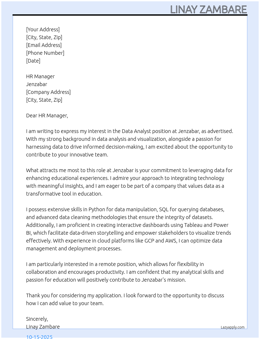Data Analyst At Jenzabar Cover Letter