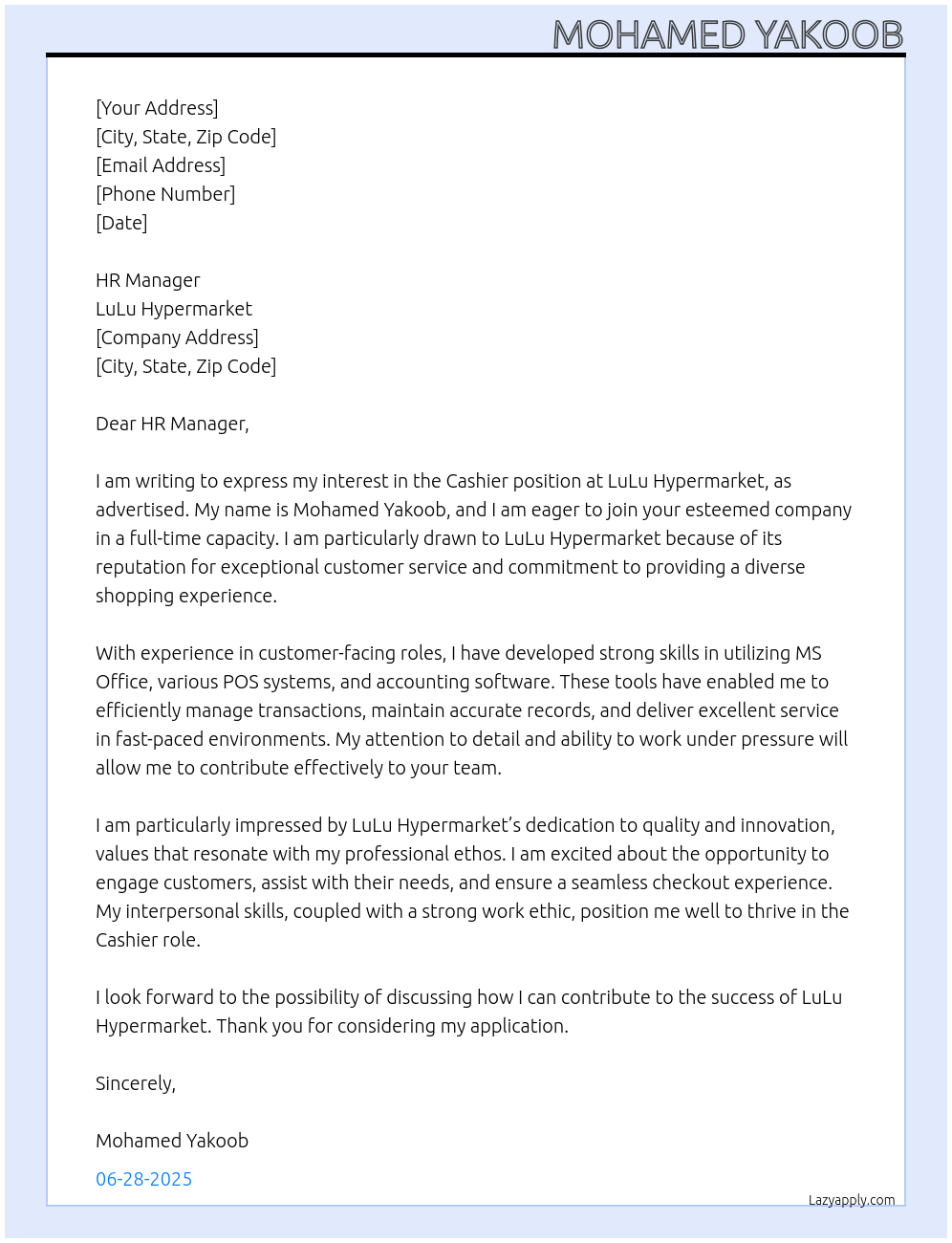 CASHIER At LuLu Hypermarket Cover Letter
