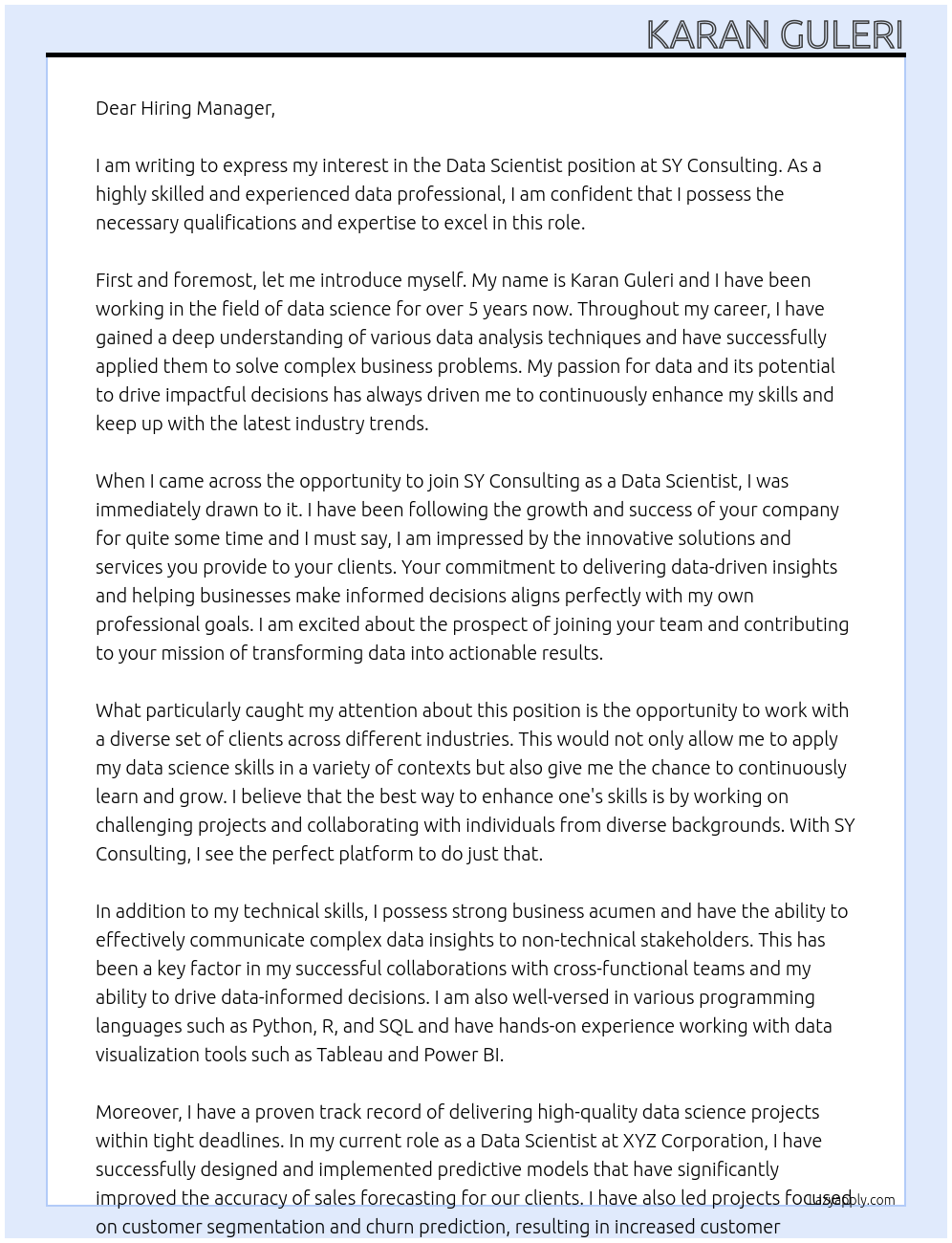 Data Scientist At SY Consulting Cover Letter