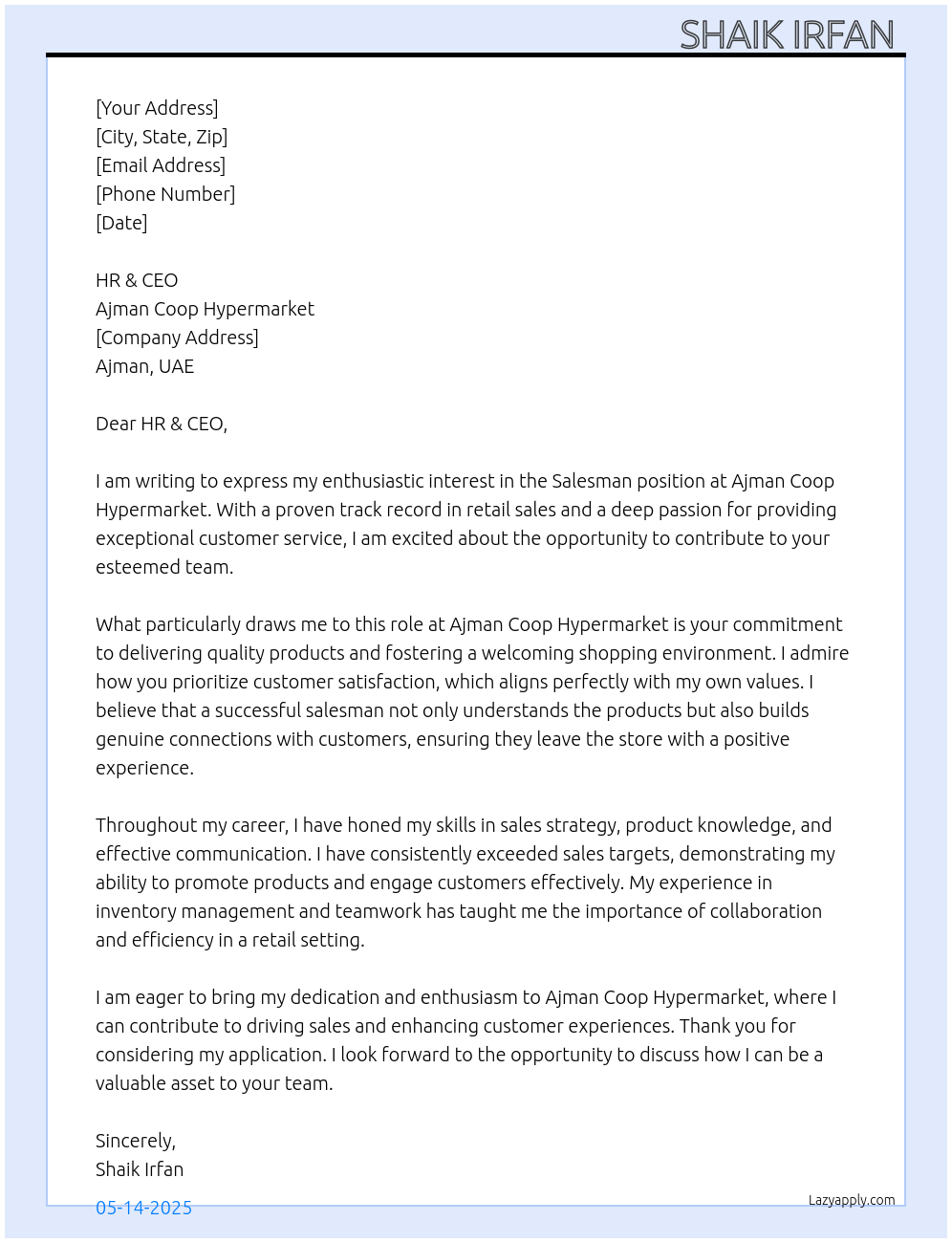 Salesman At Ajman coopHypermarket Cover Letter