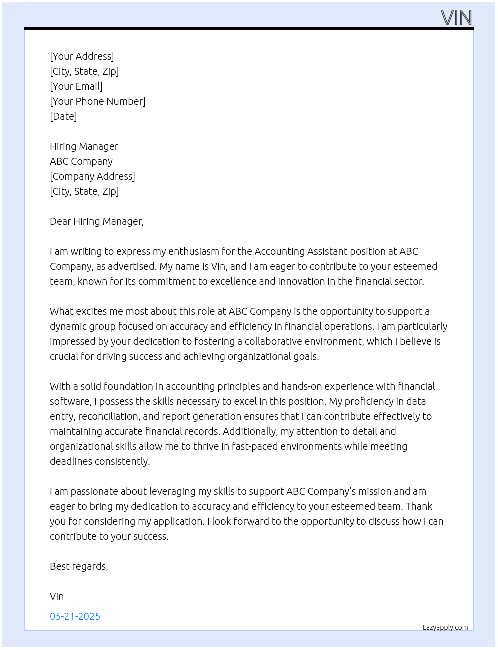 Accounting Assistant At ABC Company Cover Letter