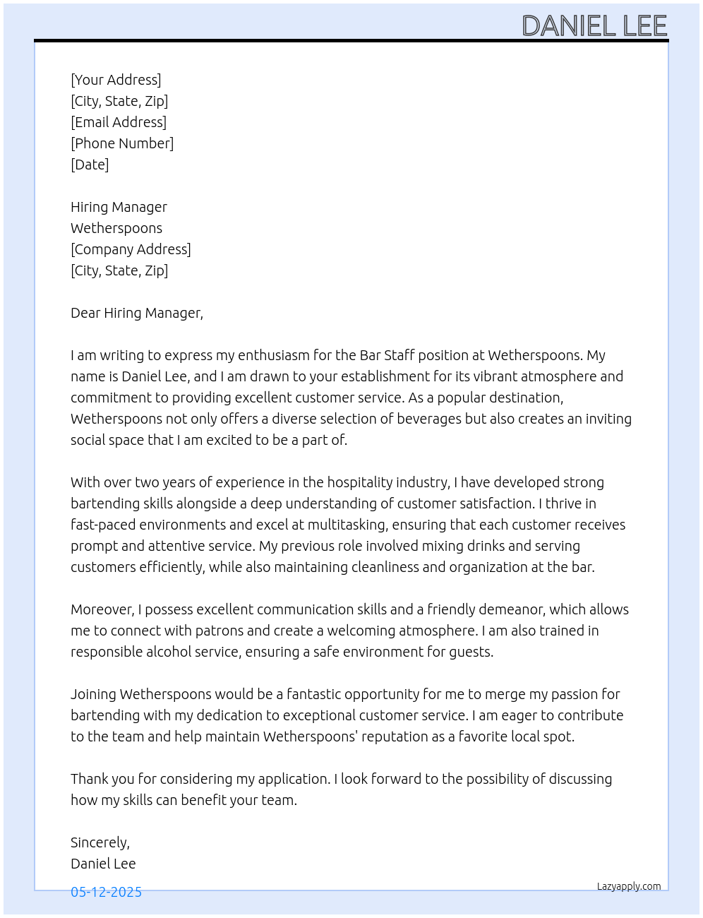 Bar staff At Wetherspoons Cover Letter