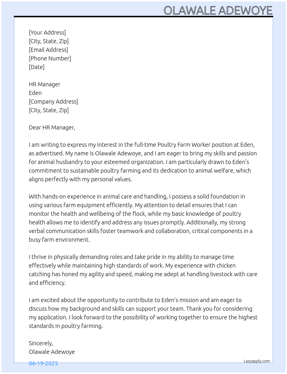 Poultry Farm Worker At Eden Cover Letter