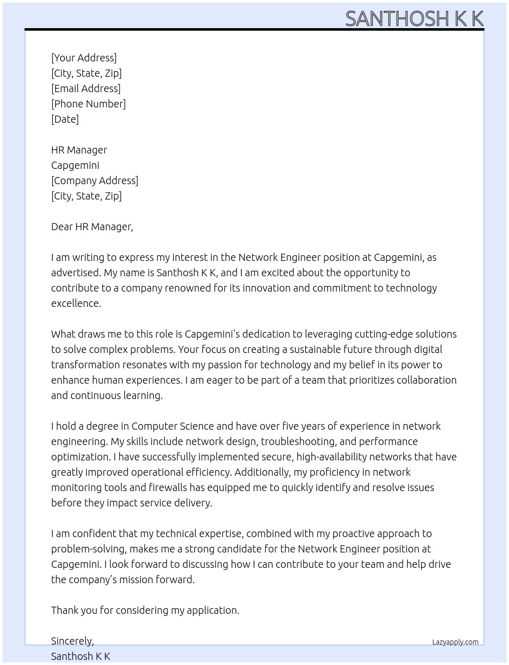 network engineer At capegemini Cover Letter