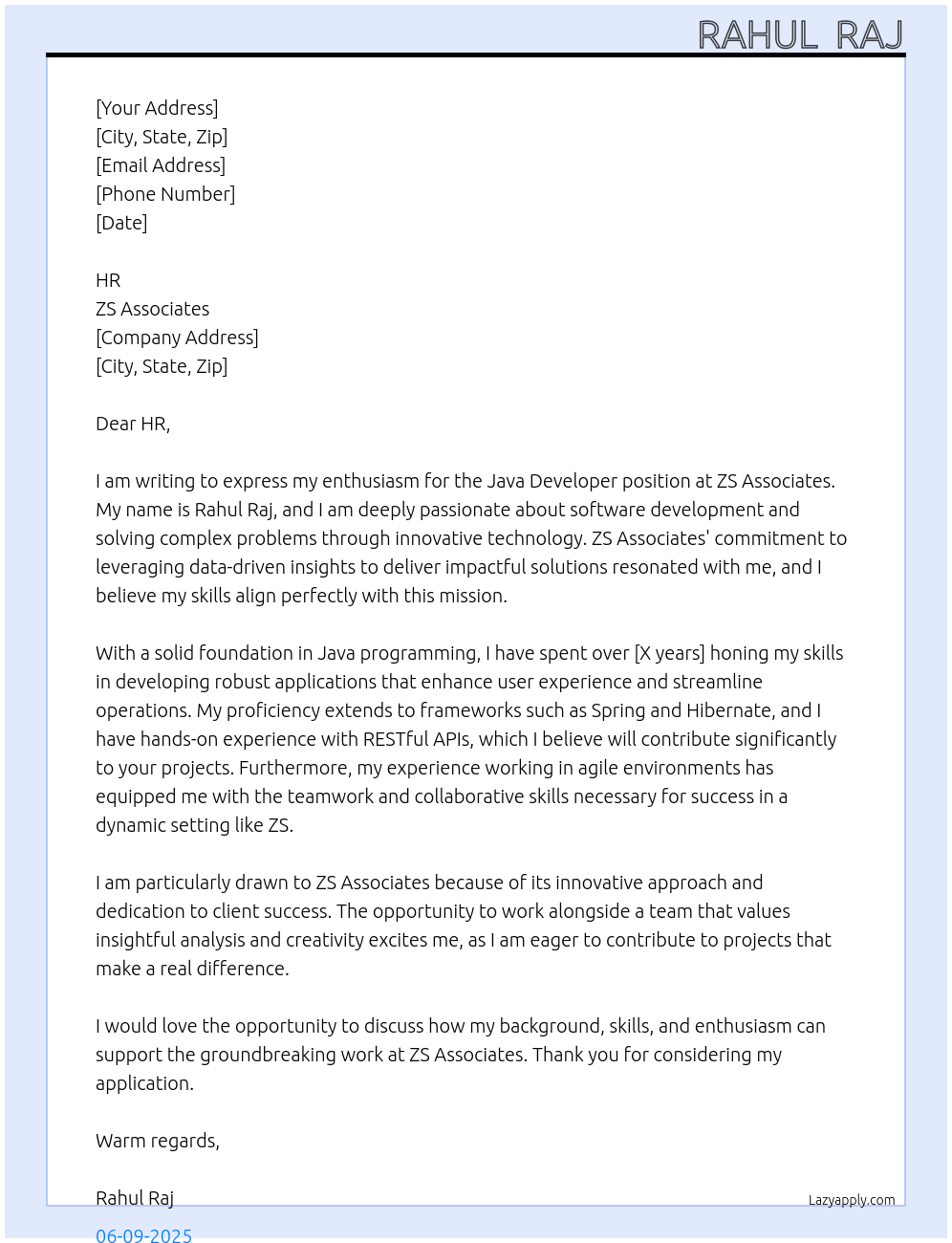 Java developer At ZS associate Cover Letter