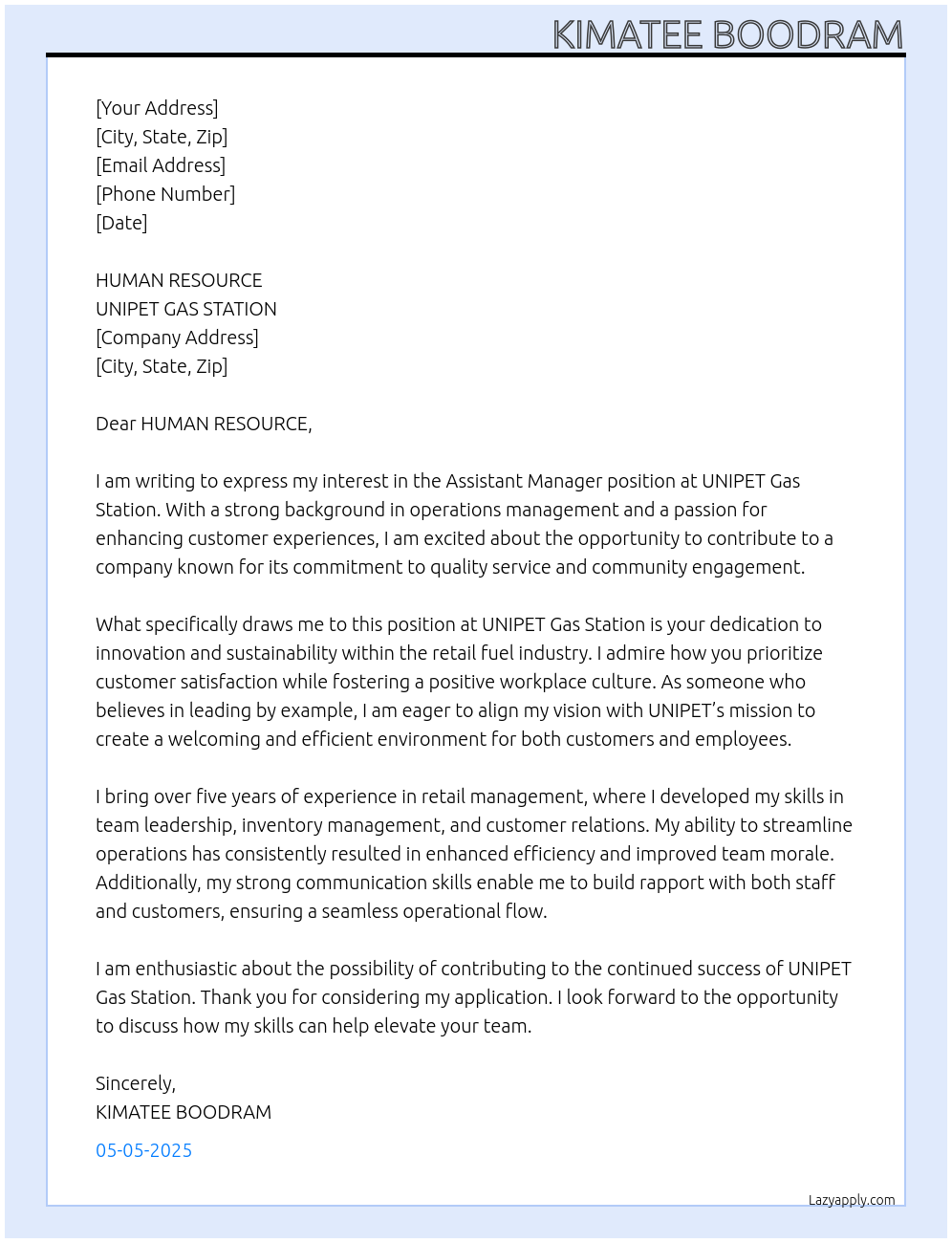 ASSISTANT MANAGER At UNIPET GAS STATION Cover Letter