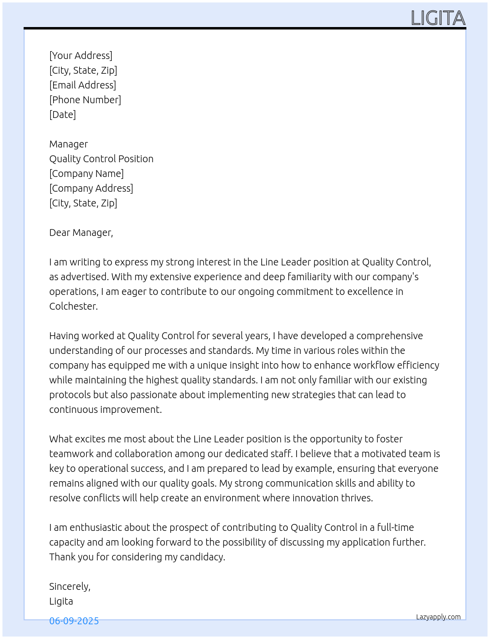 Line leader  At Quality control position Cover Letter