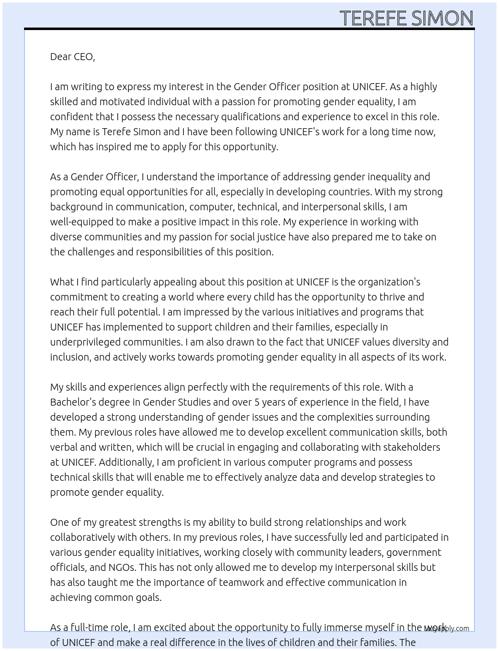 Gender Officer At UNICEF  Cover Letter