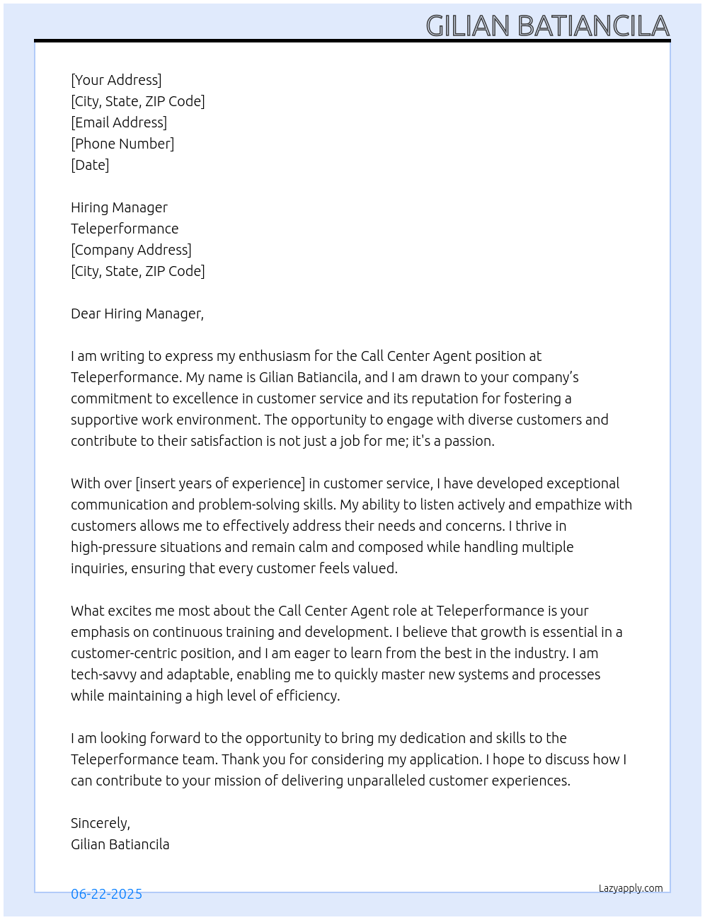 Call center agent At Teleperformance Cover Letter