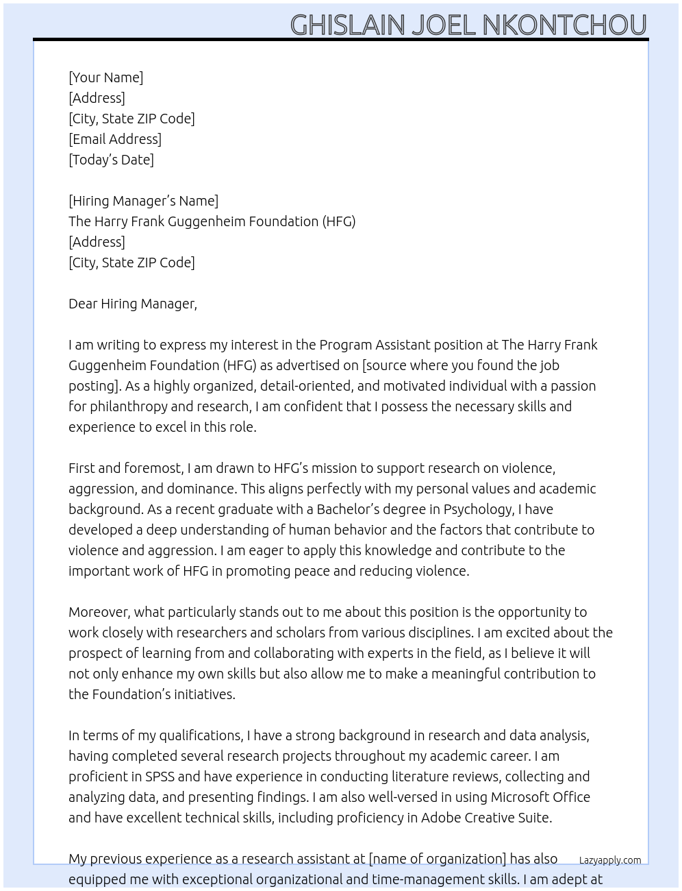 Program Assistant At The Harry Frank Guggenheim Foundation (HFG) Cover Letter