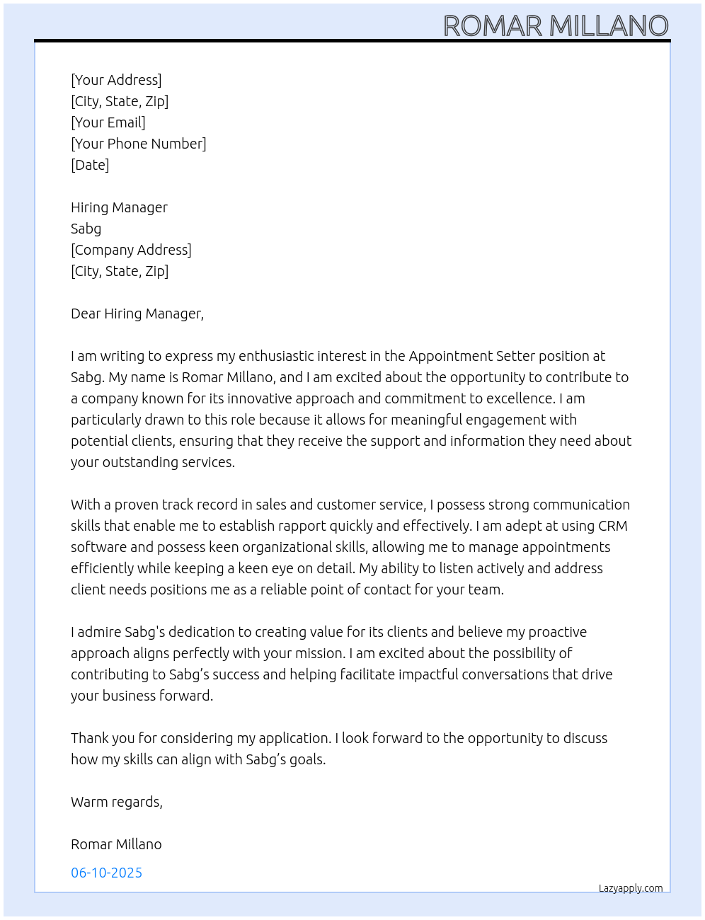 Appointment Setter At sabg Cover Letter