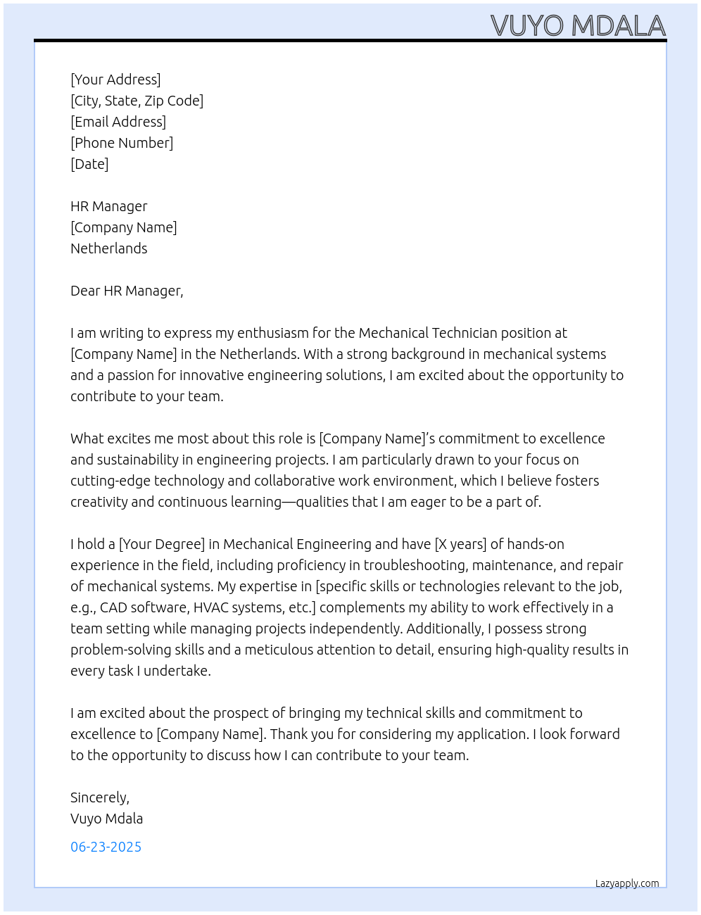 Mechanical technician At Netherlands Cover Letter