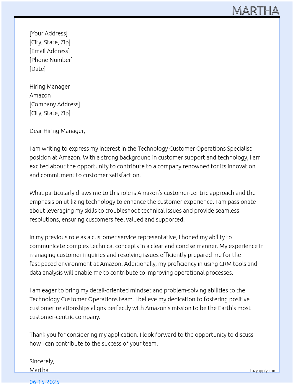 Technology Customer Operations Specialist At Amazon Cover Letter