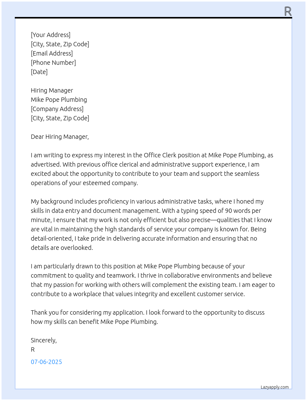 Cover letter for office clerk - LazyApply