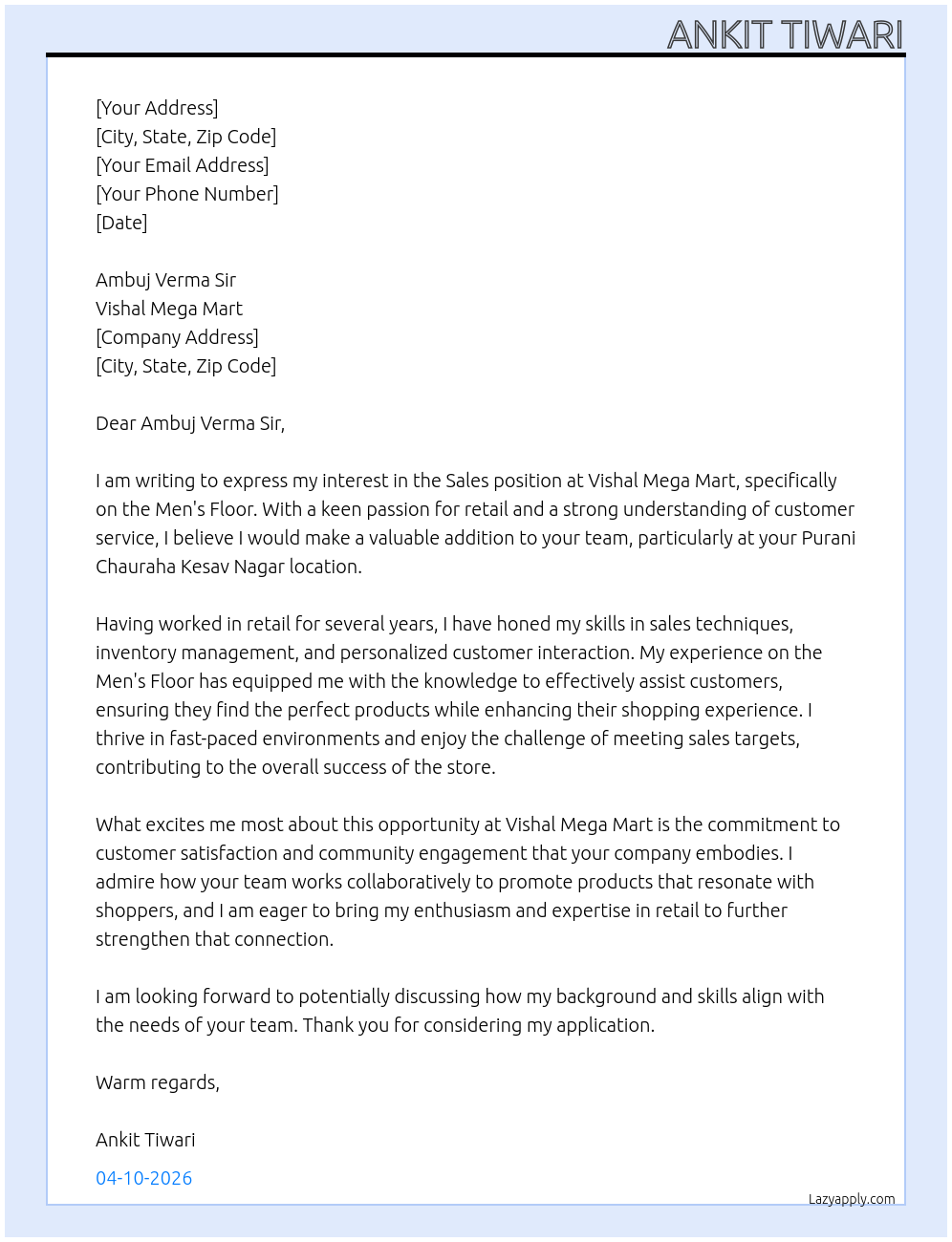 Sale's  At Vishal mega Mart  Cover Letter