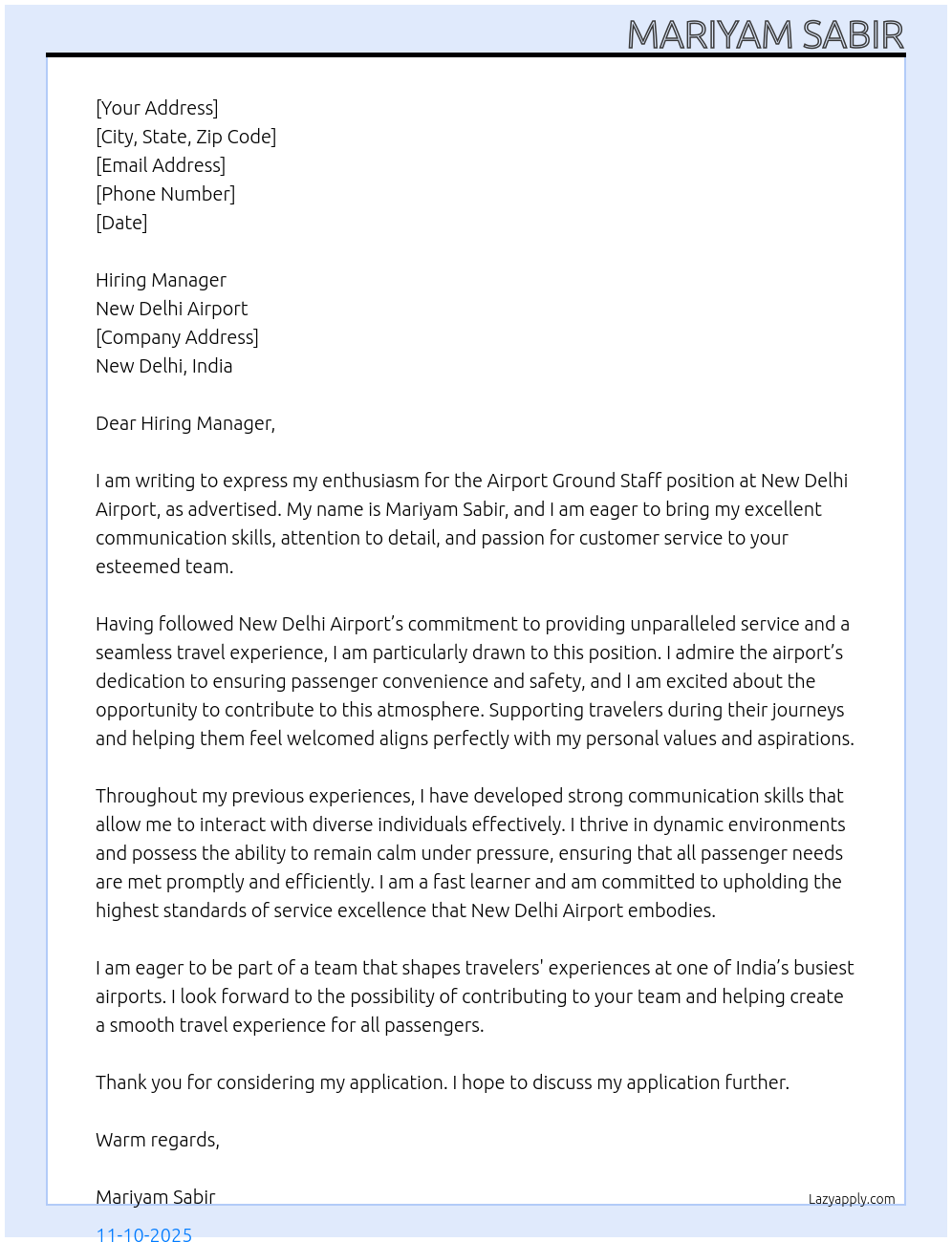 Airport Ground Staff At New Delhi Airport Cover Letter