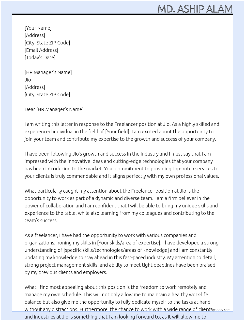 Freelancer At Jio Cover Letter