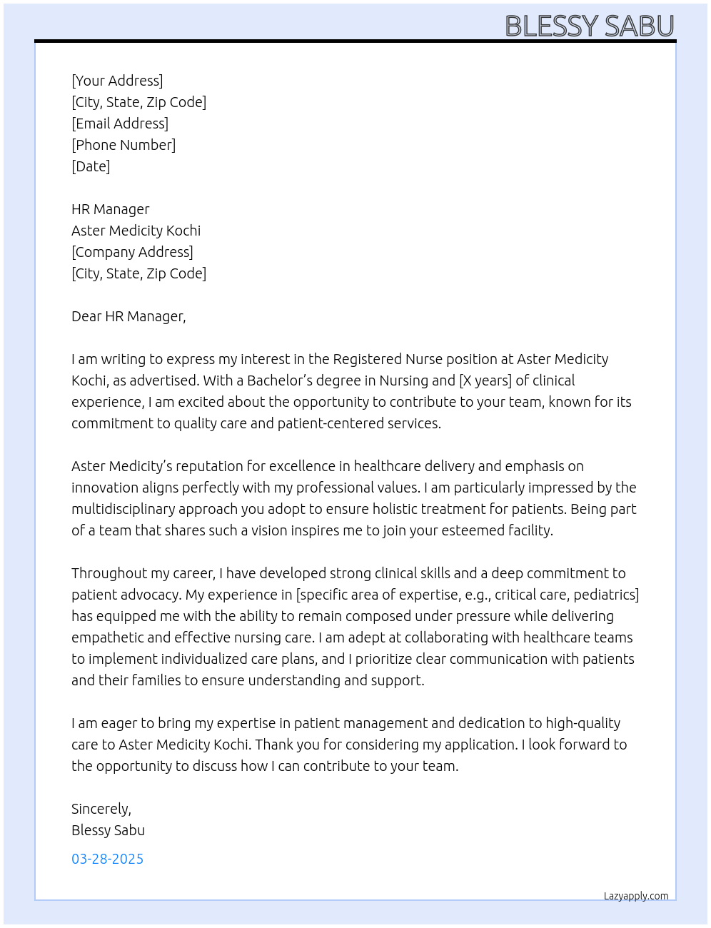 Registered Nurse At Aster Medicity Kochi Cover Letter