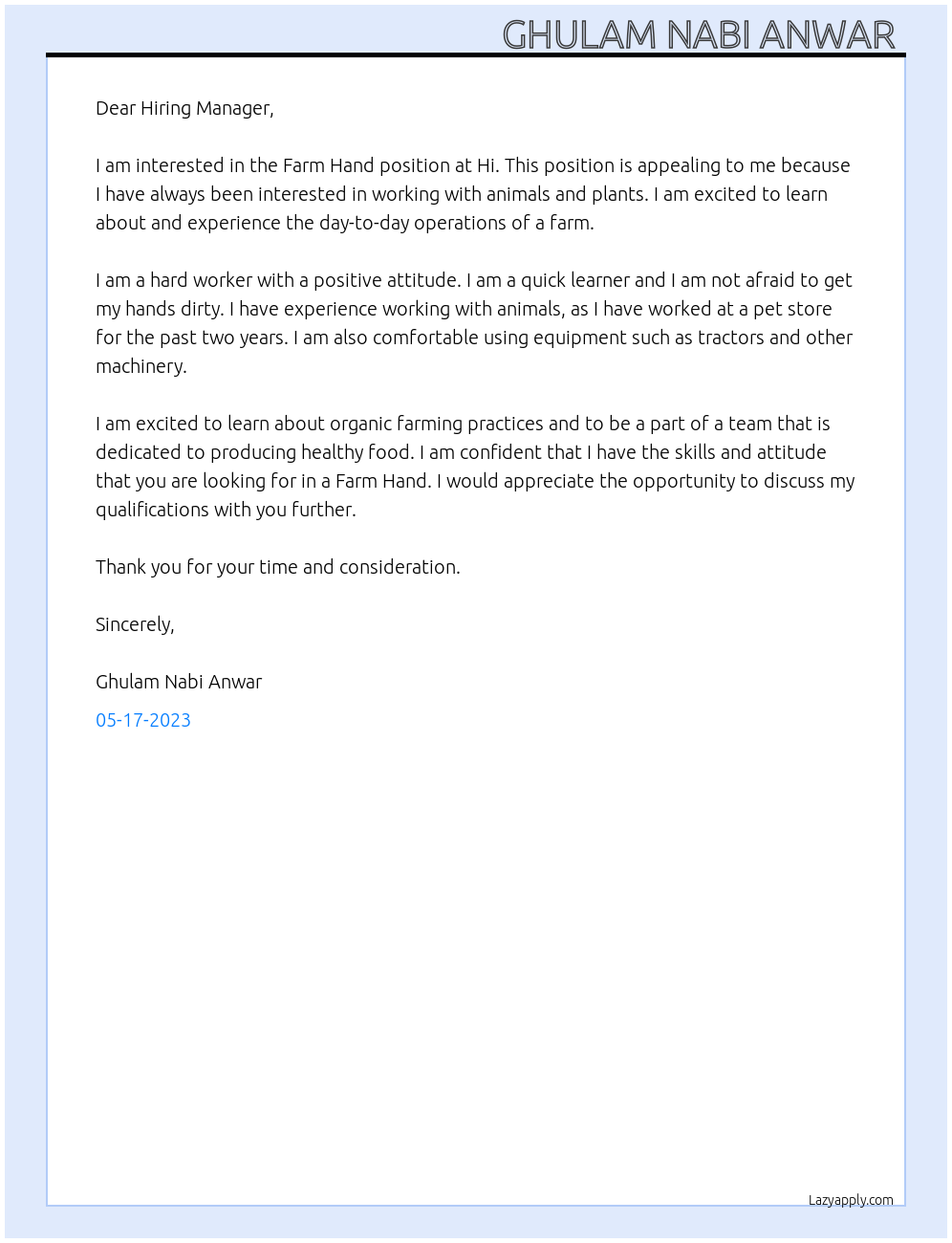 Farm Hand  At Hi Cover Letter