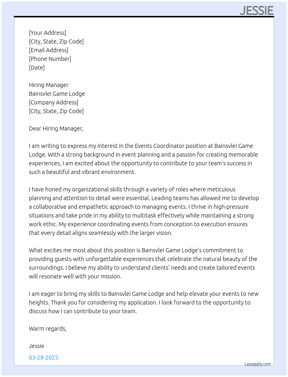 Events Coordinator At bainsvlei game lodge Cover Letter