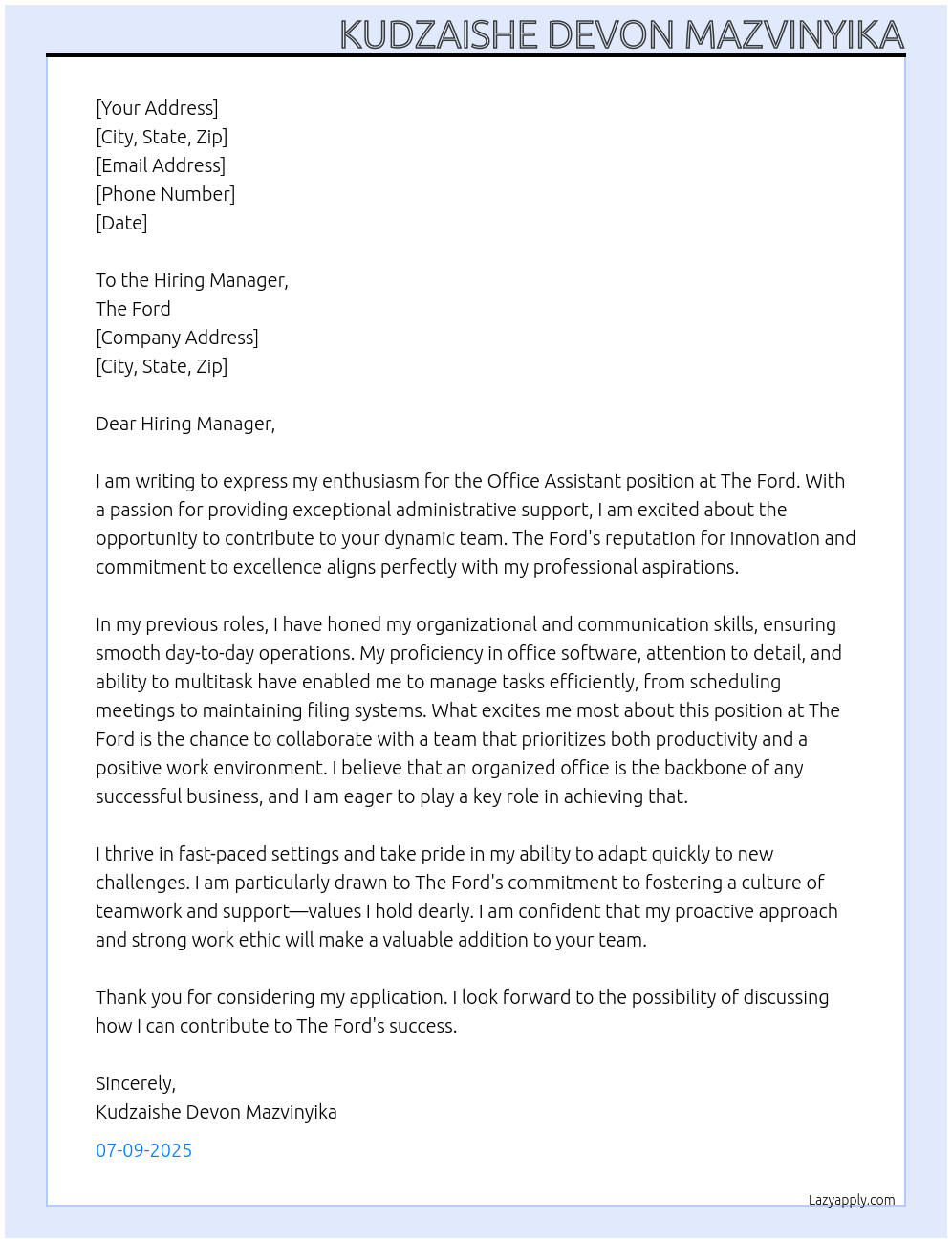 Office Assistant  At The Ford  Cover Letter