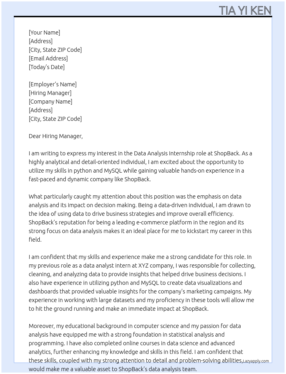 Data analysis At ShopBack Cover Letter
