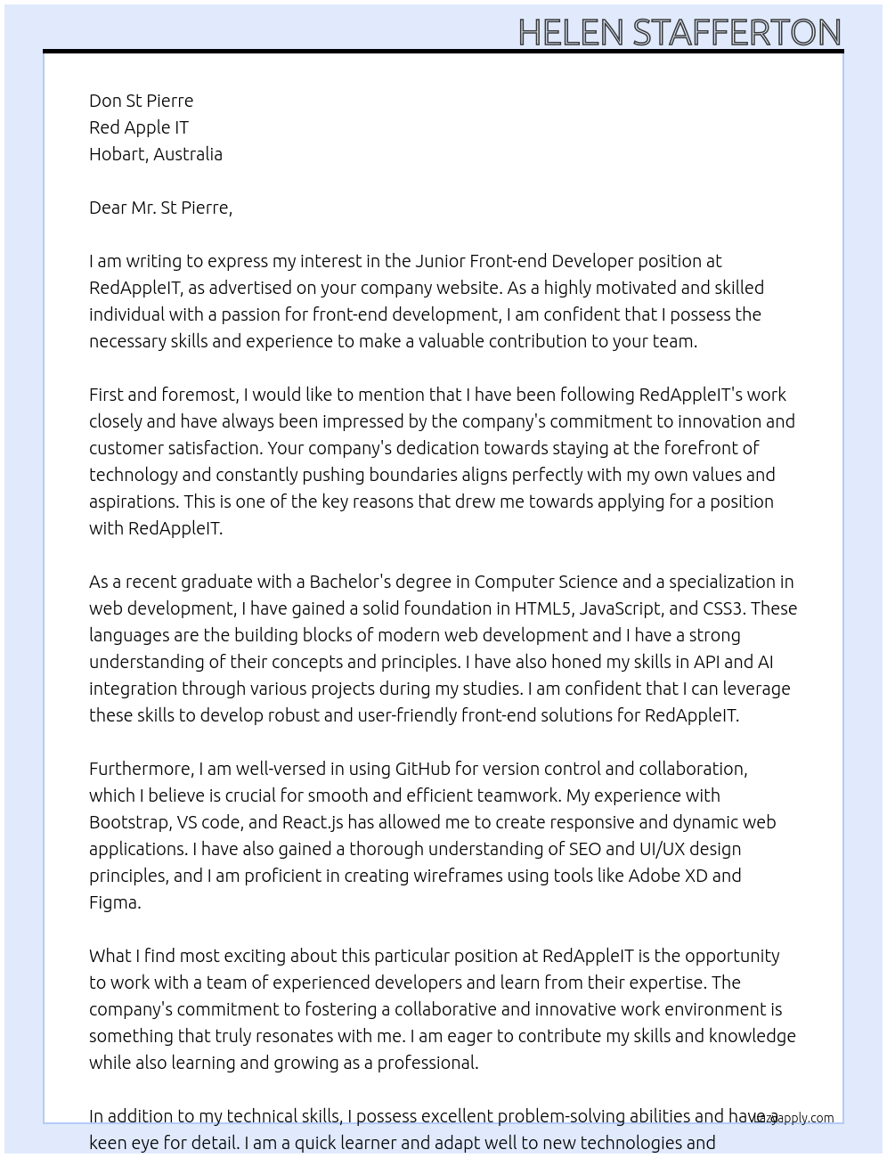 Junior Front-end Developer At RedAppleIT Cover Letter
