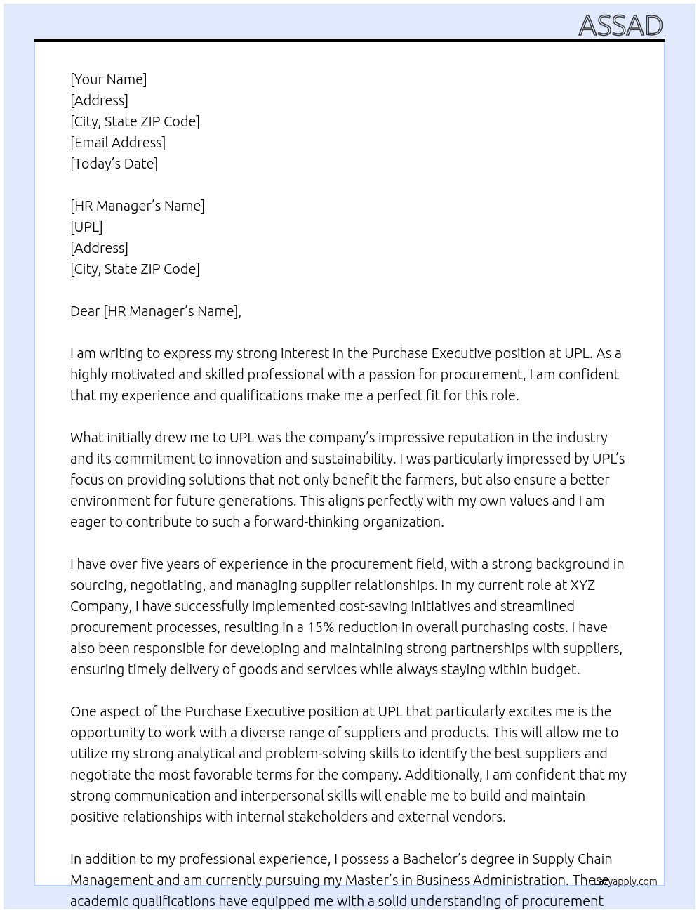 Purchase Executive At UPL Cover Letter