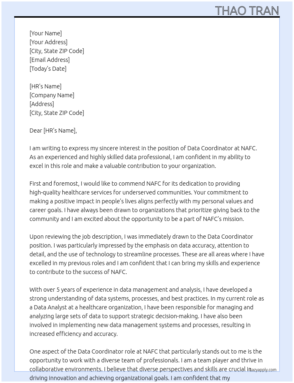 Data Coordinator At NAFC Cover Letter