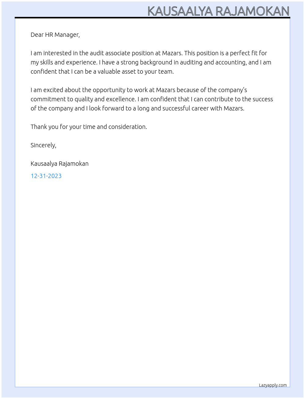 audit associate At Mazars Cover Letter