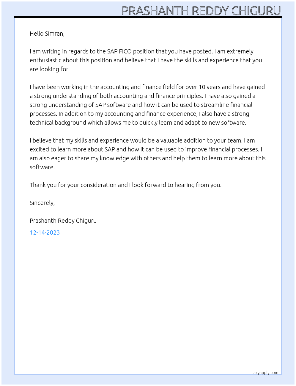 sap fico At sapsol Cover Letter