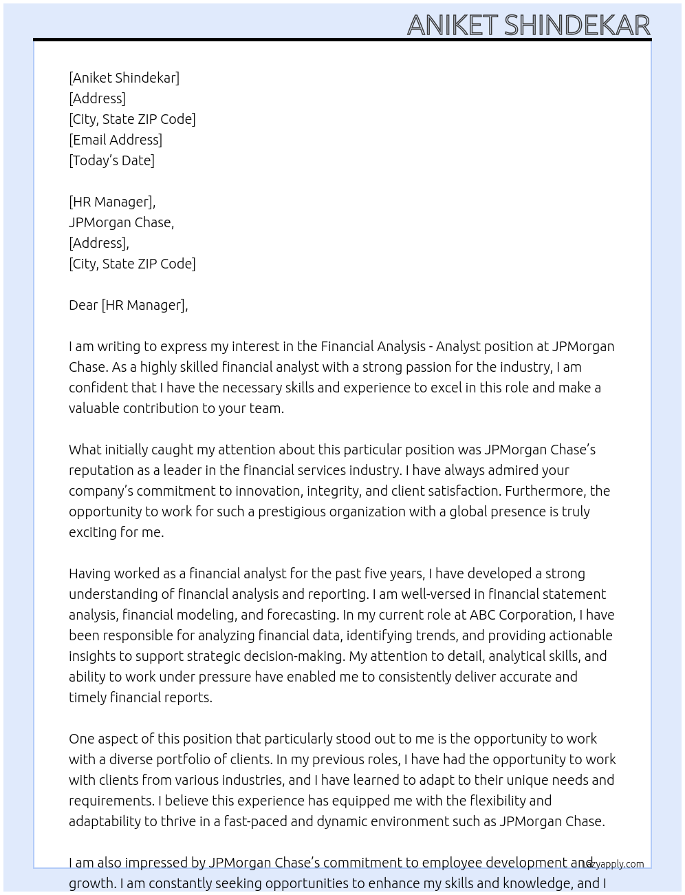 Financial Analysis - Analyst At JPMorgan Chase Cover Letter