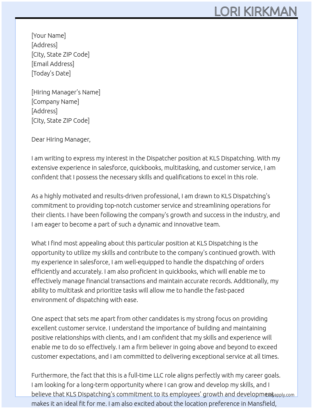 Dispatcher At KLS Dispatching Cover Letter