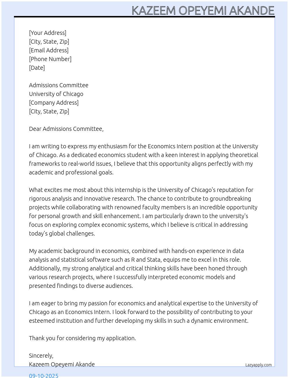 Economics Intern At University of Chicago Cover Letter