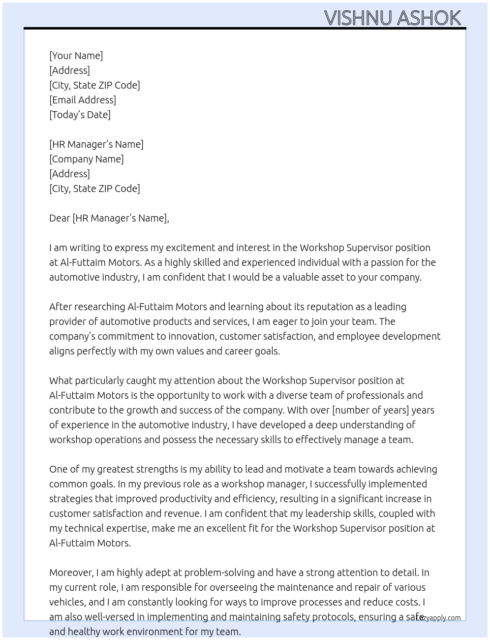 Cover letter for workshop supervisor - LazyApply