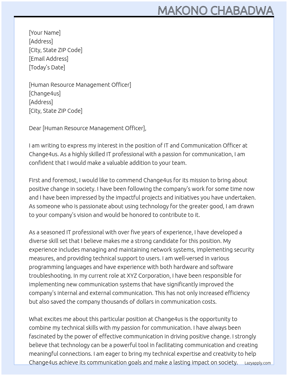 IT and Communication Officer At Change4us Cover Letter