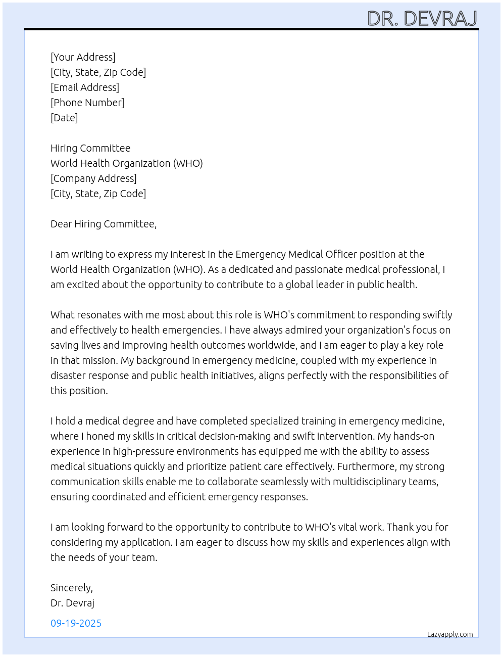 Emergency Medical Officer At WHO Cover Letter
