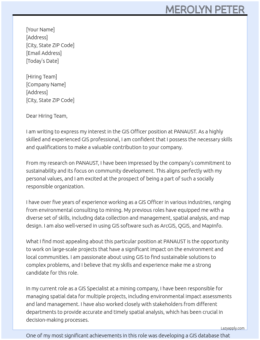 GIS OFFICER  At PANAUST Cover Letter